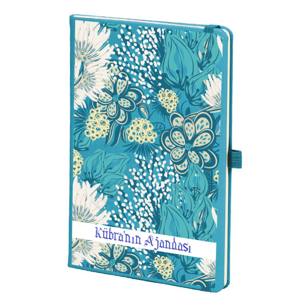 Mavi Çiçekler Mavi Ajanda – Tarihsiz Çizgili Turkuaz Ajanda/Defter 13X21Cm tasarımı