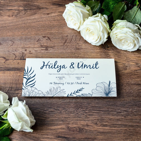 Mavi Çiçekli 21X10 Cm. Davetiye online tasarla