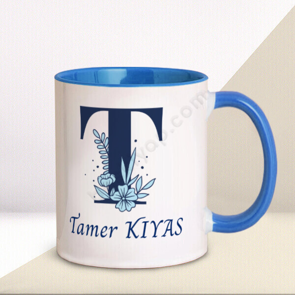 Mavi Çiçekli Harf Tasarım Mavi Kupa online tasarla