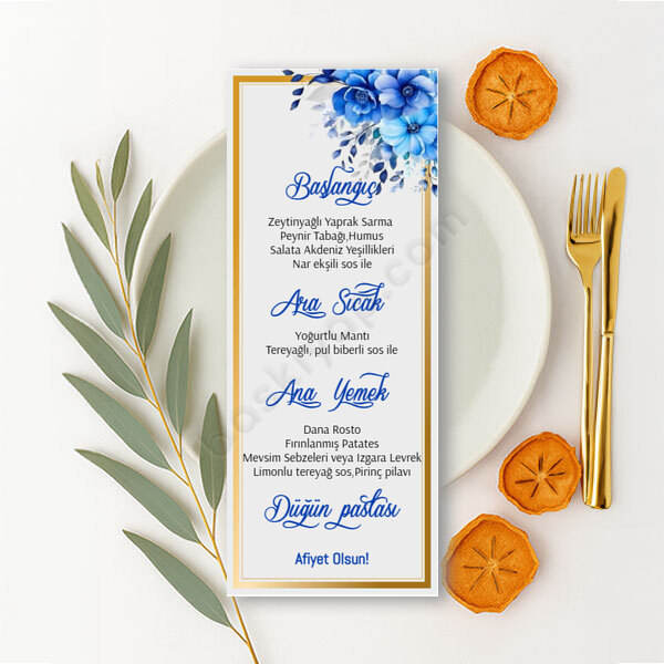 Mavi Çiçekli Kişiye Özel Dikdörtgen Menü Kartı online tasarla
