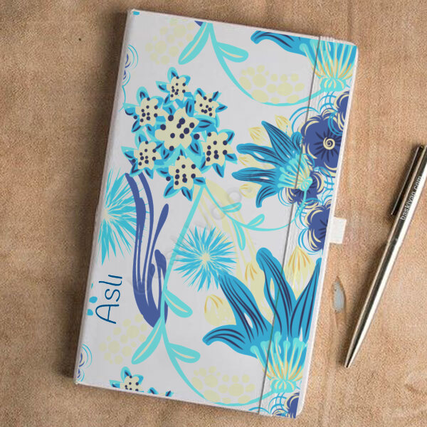 Mavi Çiçekli Tasarım Beyaz Ajanda online tasarla