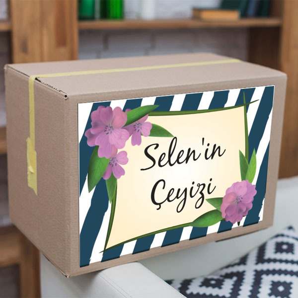 Mavi Çizgili Çiçekli Etiket online tasarla