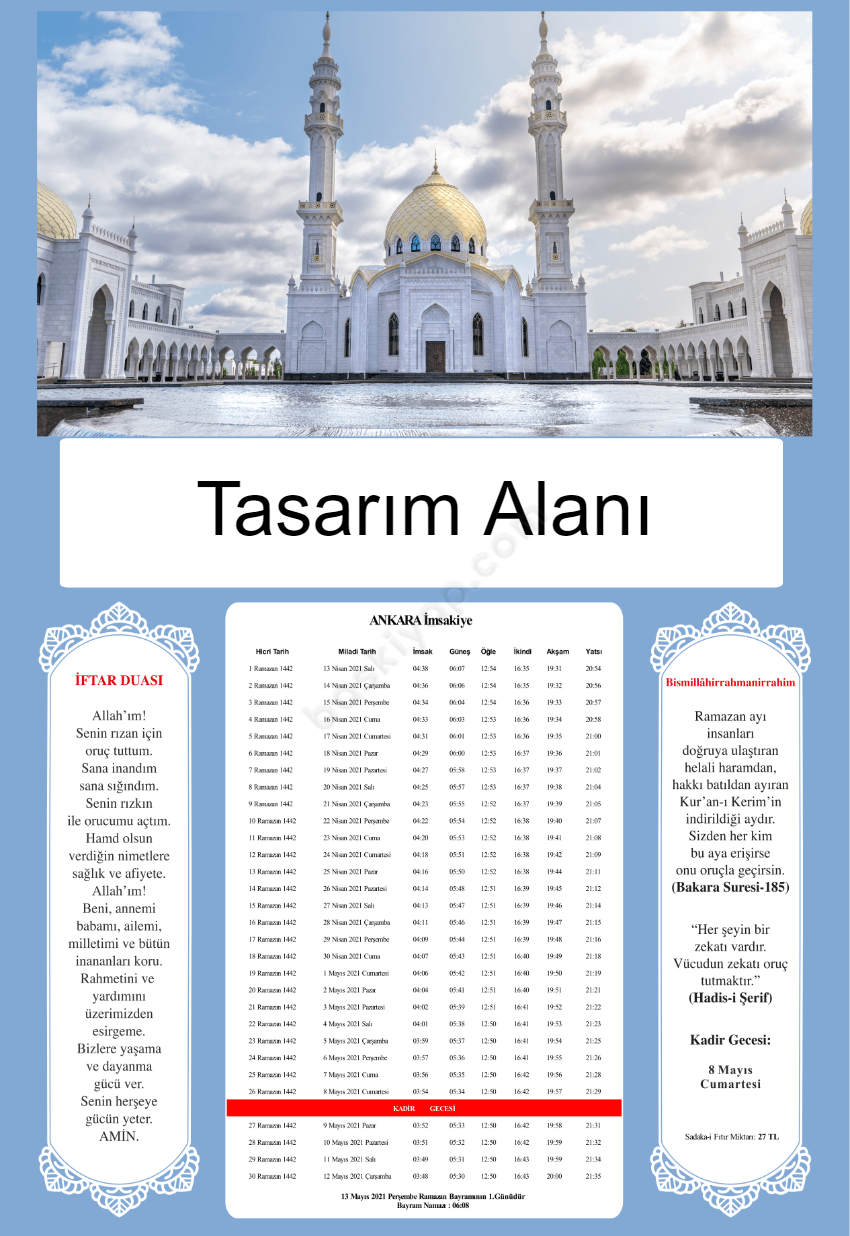 Mavi Kişiye Özel İmsakiye 2021 online tasarla