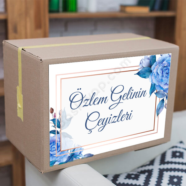 Mavi Mor Güllü Çeyiz Etiketi online tasarla