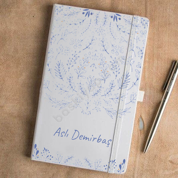 Mavi Yaprak Desenli Beyaz Ajanda online tasarla