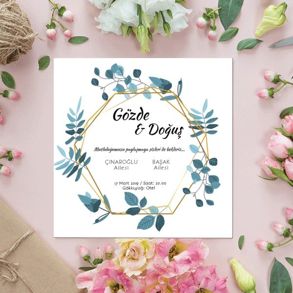 Mavi Yapraklı Altın Çerçeveli online tasarla