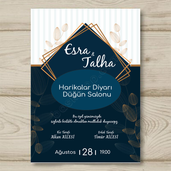 Mavi Zeminli Gelin Damat Temalı Davetiye Modeli online tasarla