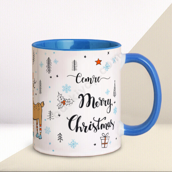 Merry Christmas Tasarımlı Mavi Kupa – Kişiye Özel Baskılı Mavi Kupa tasarımı