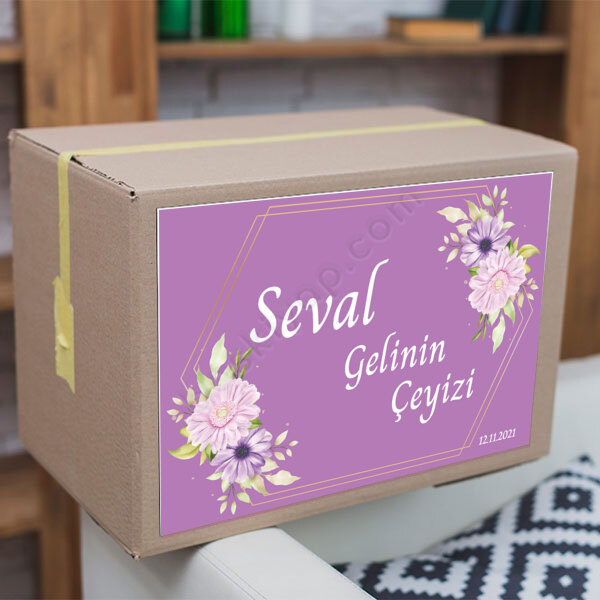 Mor Kasımpatı Çiçekli Çeyiz Etiketi online tasarla