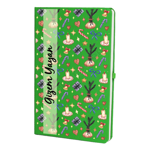 Mum, Kurdele, Çam Ağacı, Zil Tasarımlı Ajanda/Defter – Tarihsiz Çizgili Yeşil Ajanda/Defter 13X21Cm tasarımı