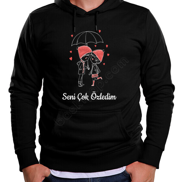 Kişiye Özel Mutlu Çift Baskılı Hoodie Kapşonlu Siyah online tasarla