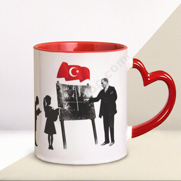 Öğretmenler Günü Temalı Kalp Kulplu Kupa Bardak – Kişiye Özel Baskılı Kalp Kulplu Kupa Bardak tasarımı