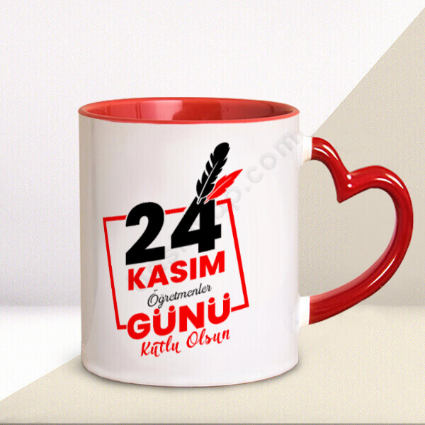 Öğretmenlere Özel Kırmızı  Kalp Kulpu – Kişiye Özel Baskılı Kalp Kulplu Kupa Bardak tasarımı