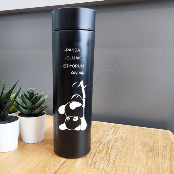 Panda Tasarımlı Göstergeli Süzgeçli Siyah Termos online tasarla