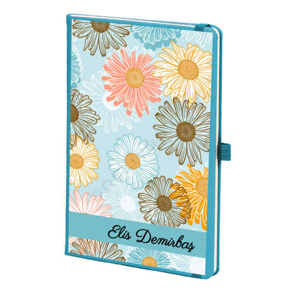 Papatya Tasarımlı Kişiye Özel Mavi Ajanda – Tarihsiz Çizgili Turkuaz Ajanda/Defter 13X21Cm tasarımı