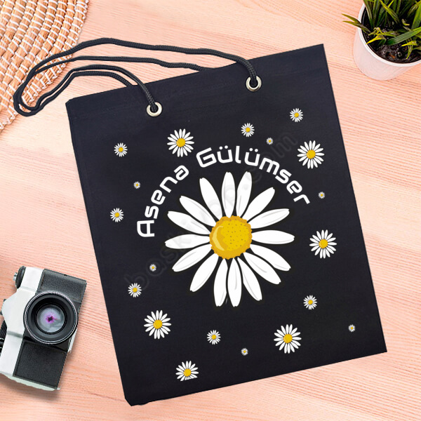 Papatya Tasarımlı Siyah Bez Çanta online tasarla