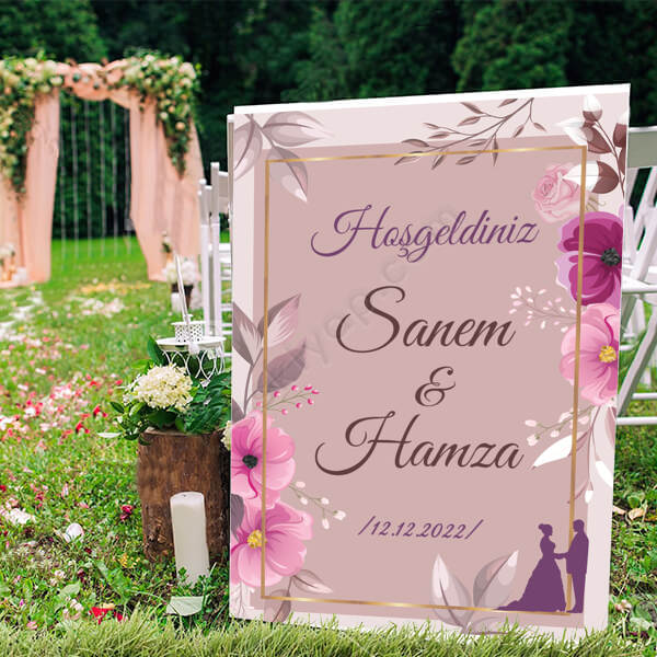 Pembe Çiçek Çerçeveli Ayaklı Pano online tasarla
