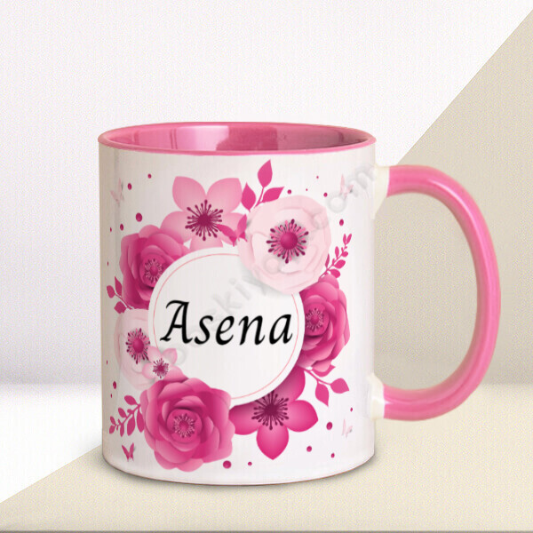 Pembe Çiçek Çerçeveli Kişiye Özel Baskılı Pembe Kupa online tasarla