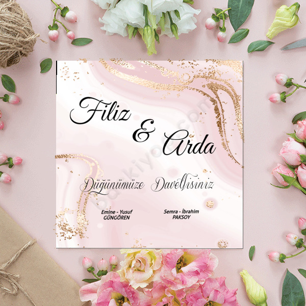 Pembe Fonlu Lame Desenli Düğün Davetiyesi online tasarla