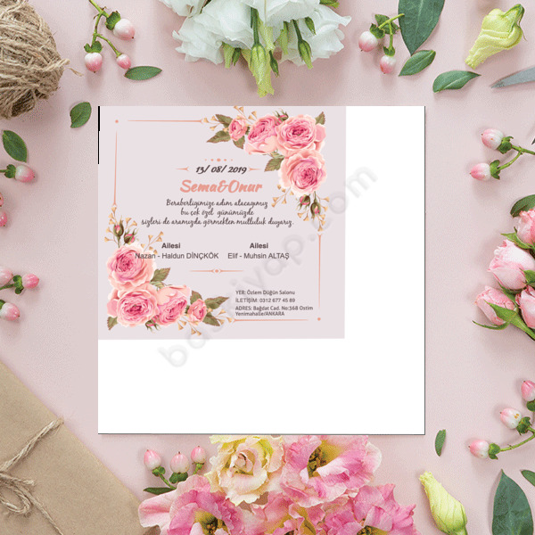 Pembe Gülllü 15X15 Cm. Davetiye online tasarla