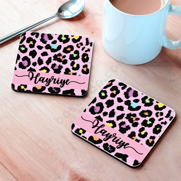 Pembe Leopar Desenli Bardak Altlığı online tasarla