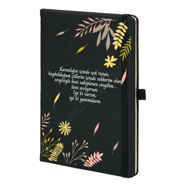 Pembe Yapraklı Siyah Ajanda – Tarihsiz Siyah Ajanda / Defter tasarımı