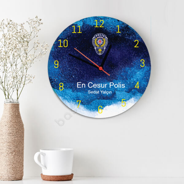 Polis Temalı Ahşap Daire Duvar Saati online tasarla