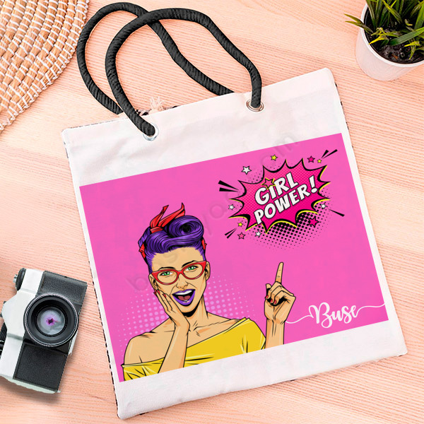 Girl Power Yazılı Pop Art Baskılı Özel Tasarım Bez Çanta online tasarla