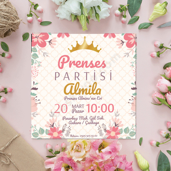 Prenses Tasarımlı Davetiye 15X15 online tasarla