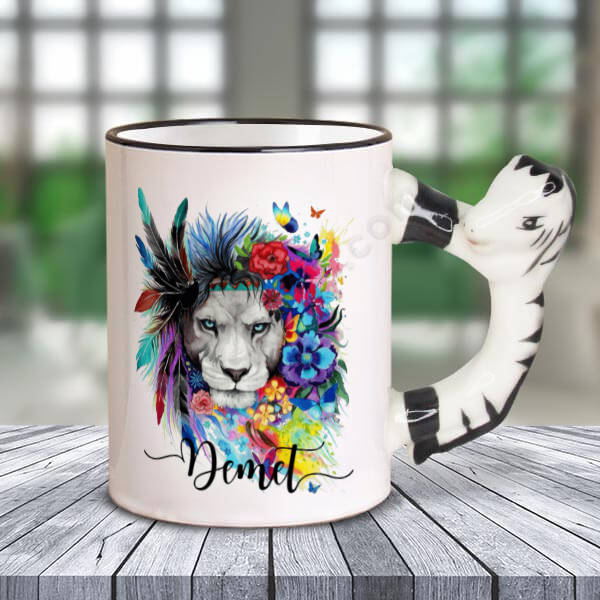 Renkli Aslan Tasarımlı At Kulplu Kupa online tasarla