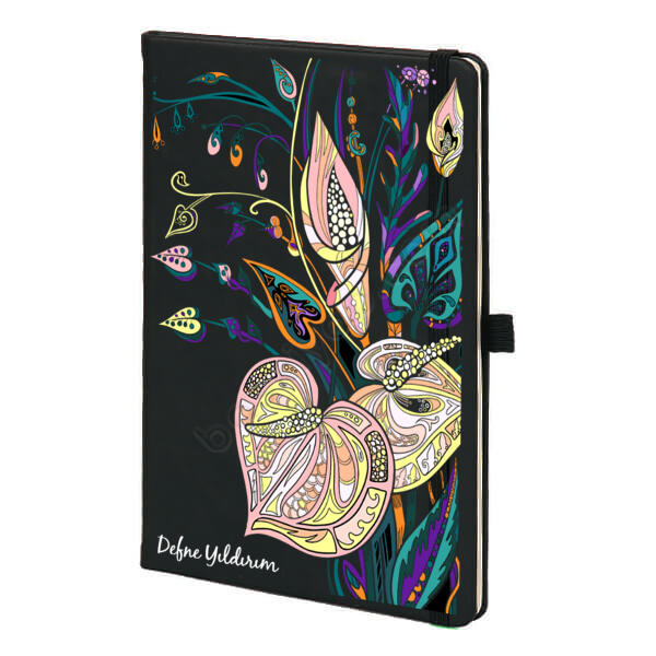 Renkli Çiçek Konseptli Siyah Ajanda Defter – Tarihsiz Siyah Ajanda / Defter tasarımı