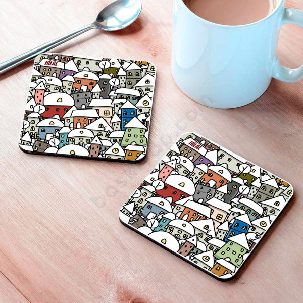Renkli Evler Bardak Altlığı online tasarla