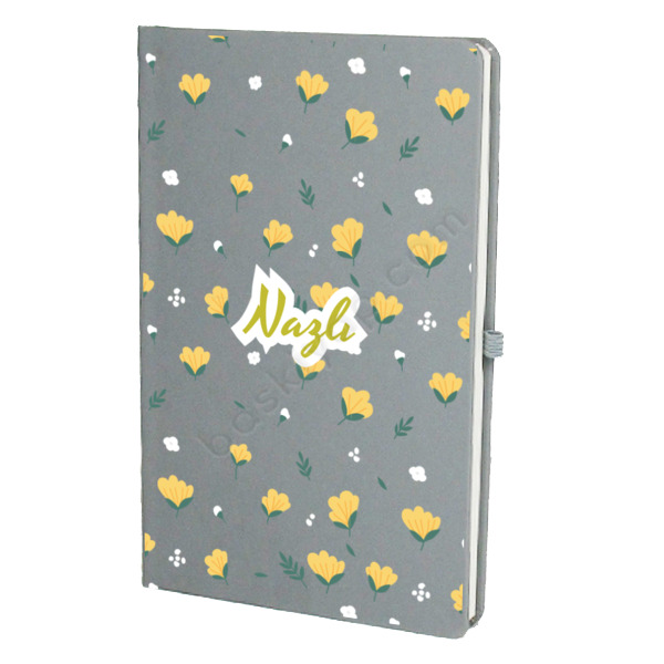 Sarı Çiçek Tasarımlı Gri Ajanda – Tarihsiz Çizgili Gri Ajanda/Defter 13X21Cm tasarımı
