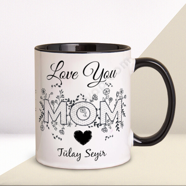 Seni Seviyorum Temalı Anneler Günü Kişiye Özel Baskılı Siyah Kupa Bardak online tasarla