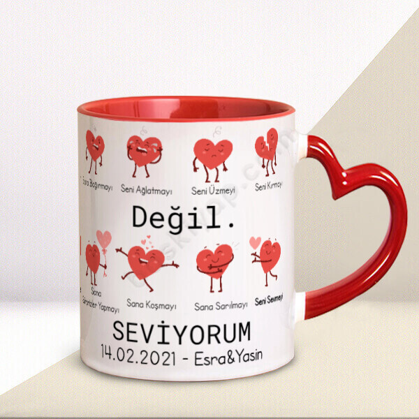 Sevgililer Günü Kalp Emojili Tasarım Kupa – Kişiye Özel Baskılı Kalp Kulplu Kupa Bardak tasarımı