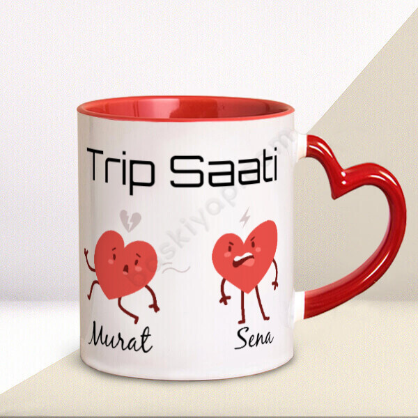 Sevgililer Günü Trip Saati Tasarım Kupa – Kişiye Özel Baskılı Kalp Kulplu Kupa Bardak tasarımı
