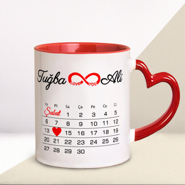 Sevgililer Gününe Özel Takvimli Resimli Kalp Kulplu Kupa online tasarla