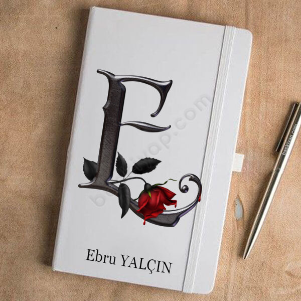 Siyah Gül E Harf Tasarımlı Beyaz Ajanda online tasarla