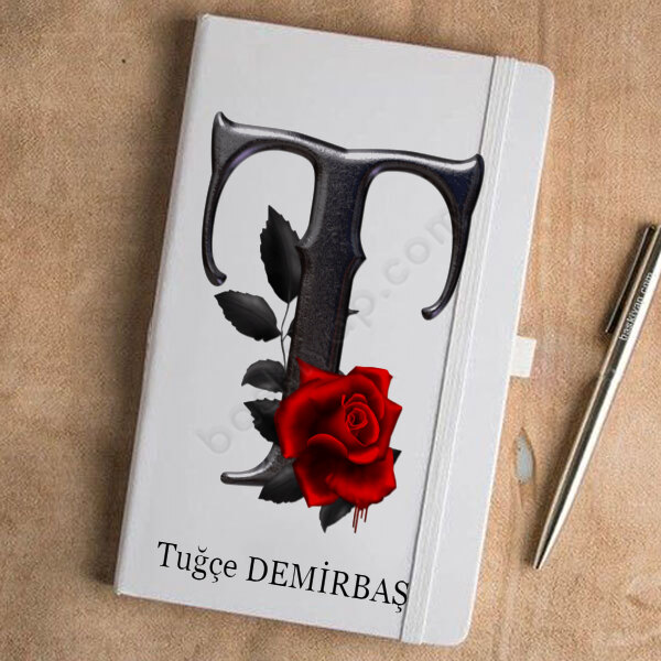 Siyah Gül T Harf Tasarımlı Beyaz Ajanda online tasarla