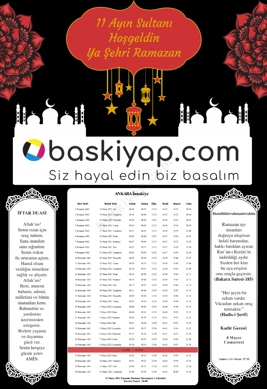 Siyah Zeminli 11 Ayın Sultanı Kişiye Özel İmsakiye 2021 online tasarla