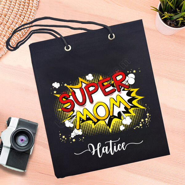 Super Mom Tasarımlı Siyah Bez Çanta online tasarla