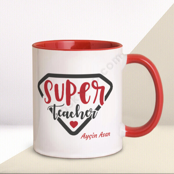 Süper Teacher Baskılı Kırmızı Kupa – Kişiye Özel Baskılı Kupa - Kırmızı tasarımı