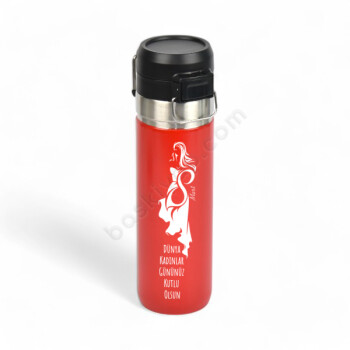 8 Mart İsimli Ve Logolu Lazer Kazıma Kırmızı Çelik Termos online tasarla