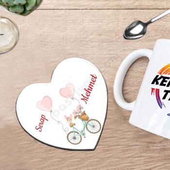 Balonlu Bisiklet Tasarım Kalpli Bardak Altlığı online tasarla