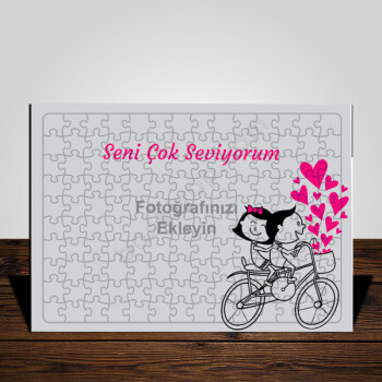 Bisikletli Sevgili Tasarımlı A3 Puzzle online tasarla