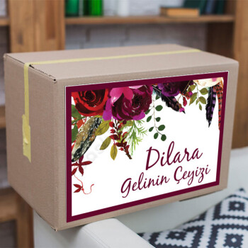 Bordo Çerçeveli Çiçekli Çeyiz Etiketi online tasarla