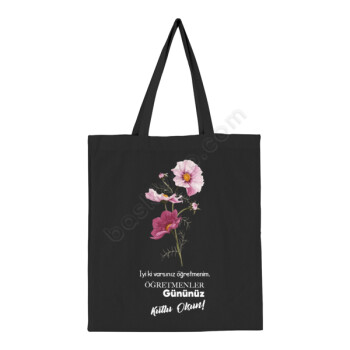 Çiçekli Öğretmen İçin Baskılı Siyah Bez Çanta online tasarla
