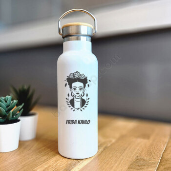 Frida Kahlo Tasarımlı Bambu Kapak Beyaz Matara Termos online tasarla