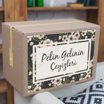 Gri Üstü Pembe Çiçekli Kişiye Özel Çeyiz Etiketi online tasarla