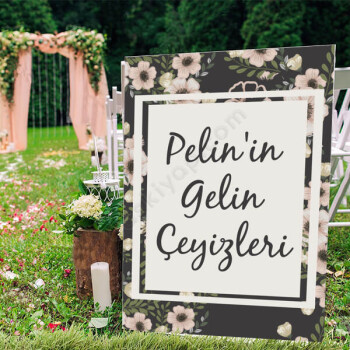 Gri Üstü Pembe Çiçekli Söz/Nişan/Düğün Ayaklı Pano online tasarla